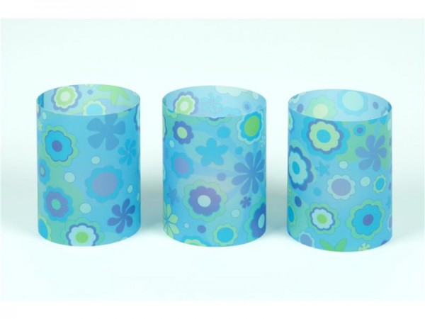 3er Set Windlichter Retro Blumen blau - flach verpackt